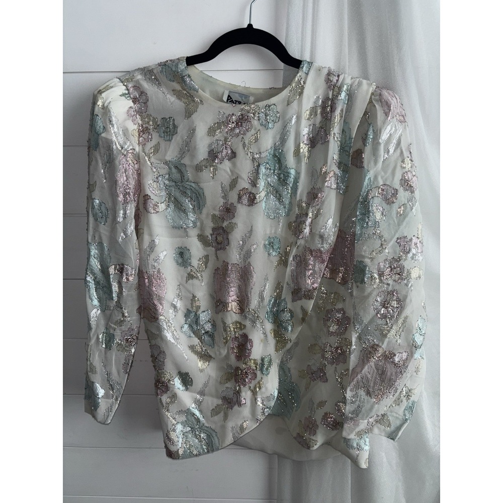 Vintage Patra women's‎ Dressy wrap Blouse floral metallic shoulder pads size 12